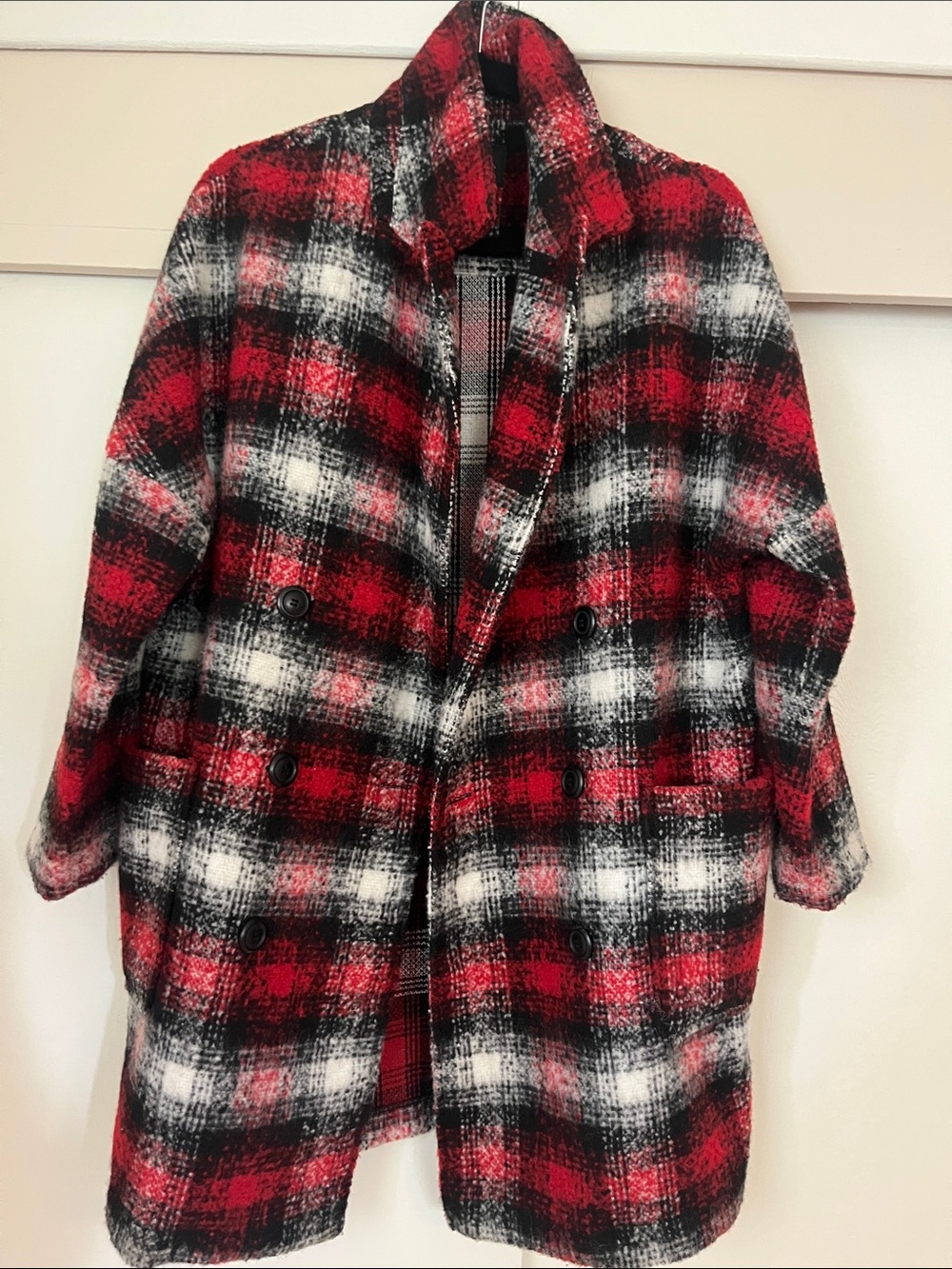 Tribal Red, Black & White Plaid Double-Breasted Pea Coat